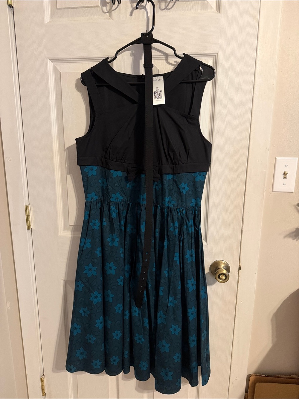 NWOT Black & Teal Belted Floral Fit-and-Flare Dress